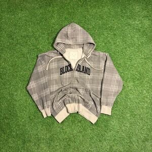 Block Island Plaid Zip Up Hoodie Large Gray Embroidered Graphic Fleece